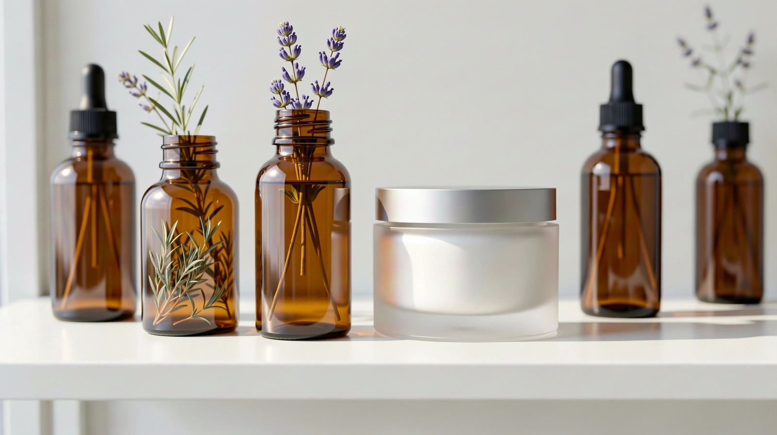 Natural wellness ingredients and premium skincare containers on a clean shelf